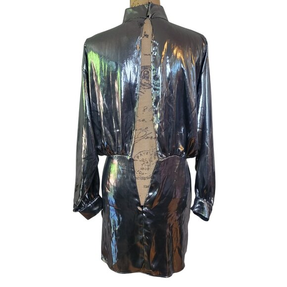Zara Metallic Silver Long Sleeve Mock Neck Open Back Mini Dress Medium - Picture 5 of 9
